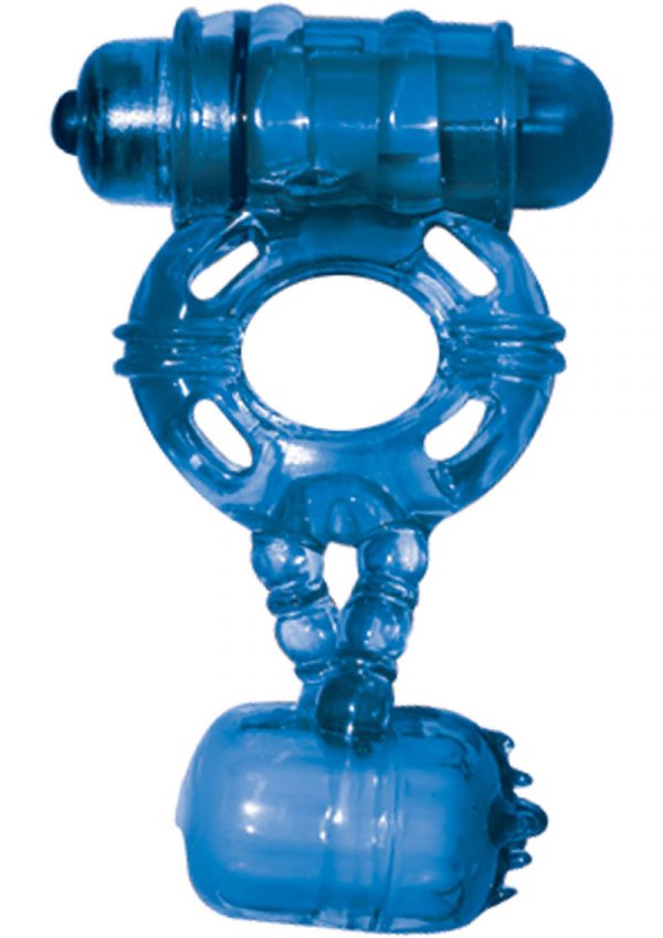 The Macho Double Cock And Balls Ring With Clitoral Tickler Silicone Waterproof Blue