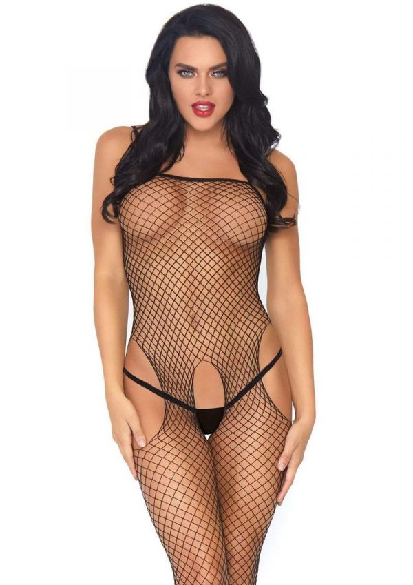 Leg Avenue Seamless Industrial Net Suspender Bodystocking - O/S - Black