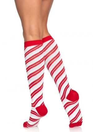 Leg Avenue Candy Cane Lurex Knee High Socks - O/S - Red/White