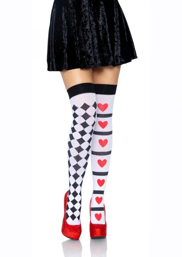 Leg Avenue Harlequin and Heart Thigh High - O/S - White/Red/Black