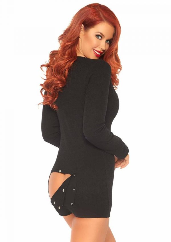 Leg Avenue Brushed Rib Romper Long Johns with Cheeky Snap Closure Back Flap - Medium/Large - Black