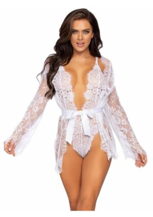 Leg Avenue Floral Lace Teddy with Adjustable Straps and Cheeky Thong Back Matching Lace Robe with Scalloped Trim and Satin Tie - Small - White