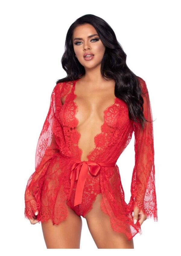 Leg Avenue Floral Lace Teddy with Adjustable Straps and Cheeky Thong Back Matching Lace Robe with Scalloped Trim and Satin Tie - Medium - Red