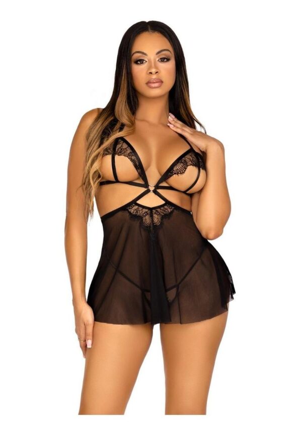 Leg Avenue Open Cup Eyelash Lace and Mesh Babydoll with Heart Ring Accent and Matching Panty - Small - Black