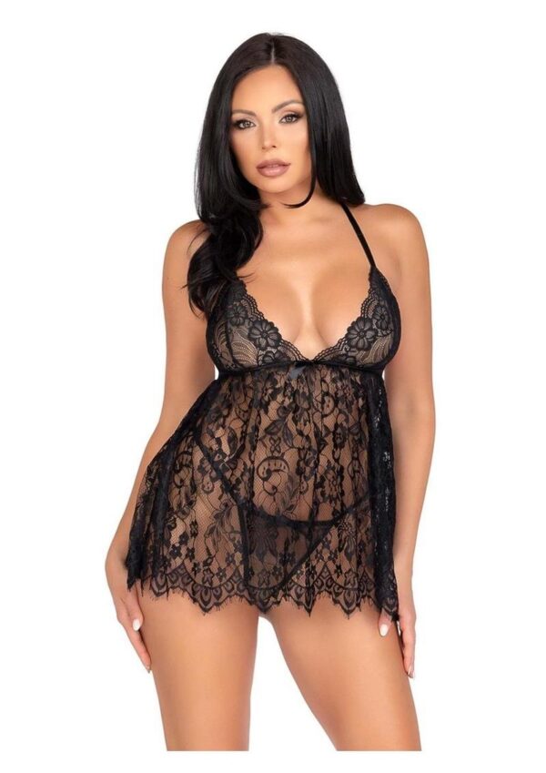 Leg Avenue Floral Lace Babydoll with Eyelash Lace Scalloped Hem Adjustable Cross-Over Straps and G-String Panty - Small - Black