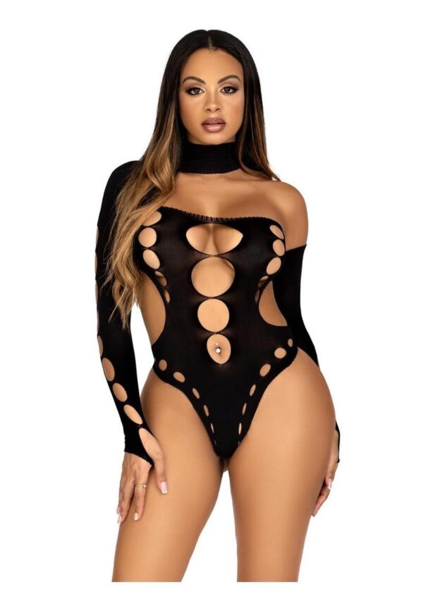 Leg Avenue Seamless Asymmetrical Cut Out Thong Back Bodysuit - O/S - Black