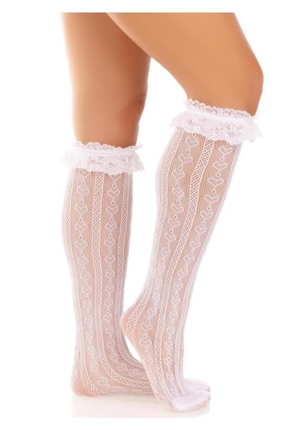 Leg Avenue Sweetheart Knit Knee Highs with Lace Ruffle Cuff - O/S - White