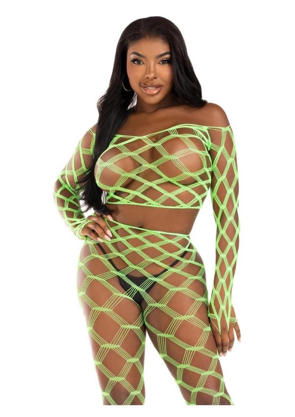 Leg Avenue Hardcore Net Crop Top and Footless Tights (2 Piece) - O/S - Neon Green