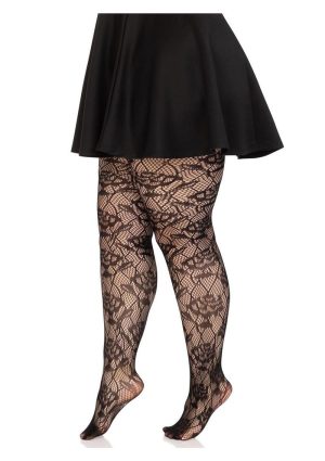 Wild Rose Net Tights - 1X-2X - Black