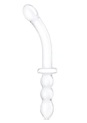 Glas Girthy Ribbed G-Spot Glass Dildo with Handle Grip Double End 12in - Clear