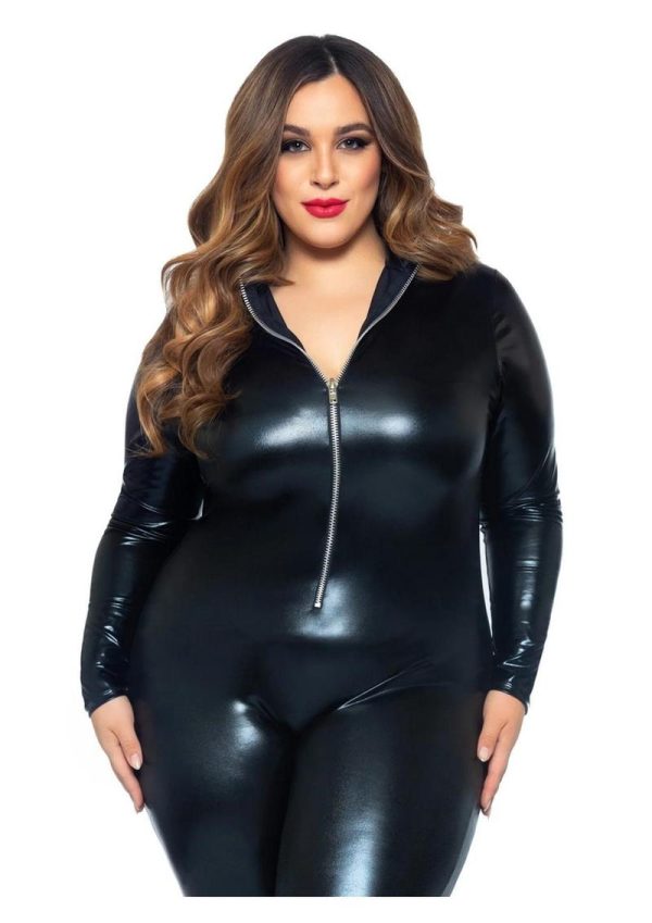 Leg Avenue Lame Zipper Front Cat Suit - 3X/4X - Black