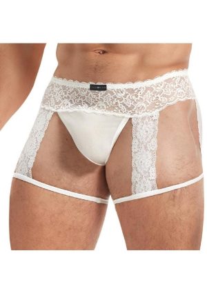 Lace King Men`s Lace and Mesh Garter Panty - Large/XLarge -White