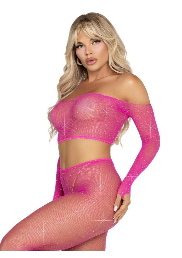 Leg Avenue Rhinestone Fishnet Crop Top and Footless Tights - Neon Pink - O/S